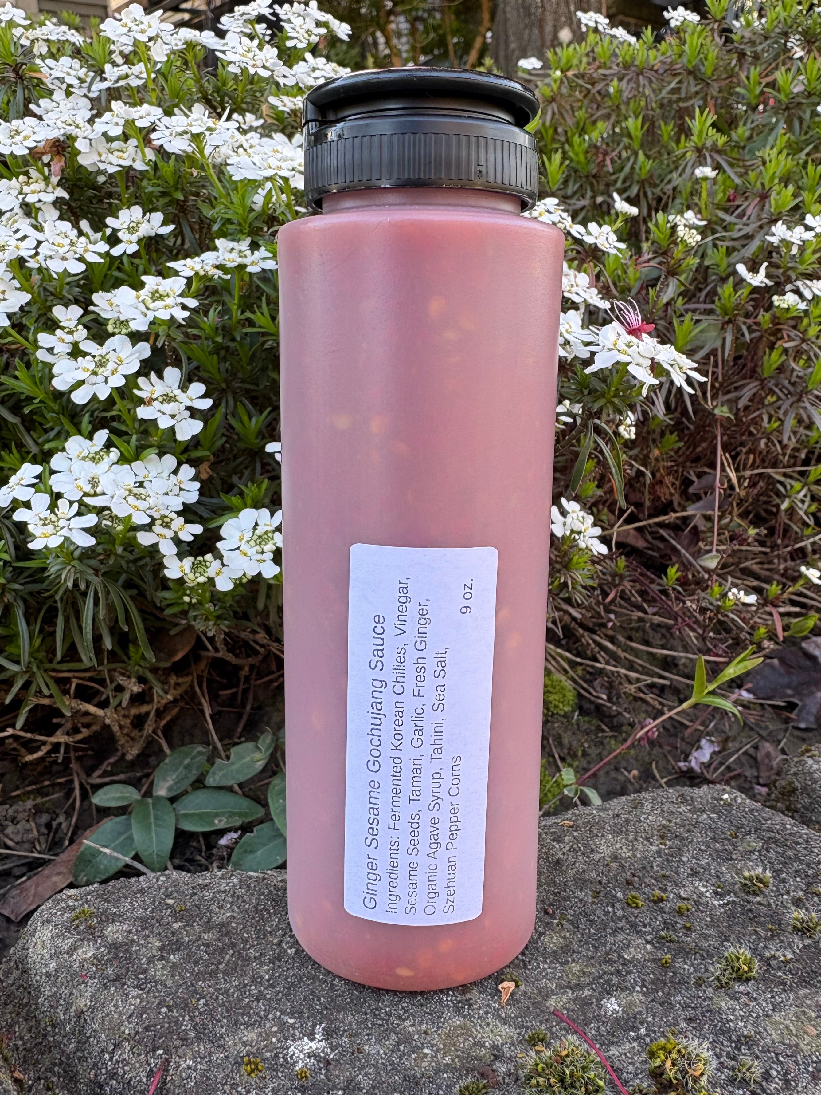 Red hot sauce bottle in natural background with text label "Ginger Sesame Gochujang Sauce - ingredients: Fermented Korean Chiles, Vinegar, Sesame Seeds, Tamari, Garlic, Fresh Ginger, Organic Agave Syrup, Tahini, Sea Salt, Szcheuan Pepper Corns"